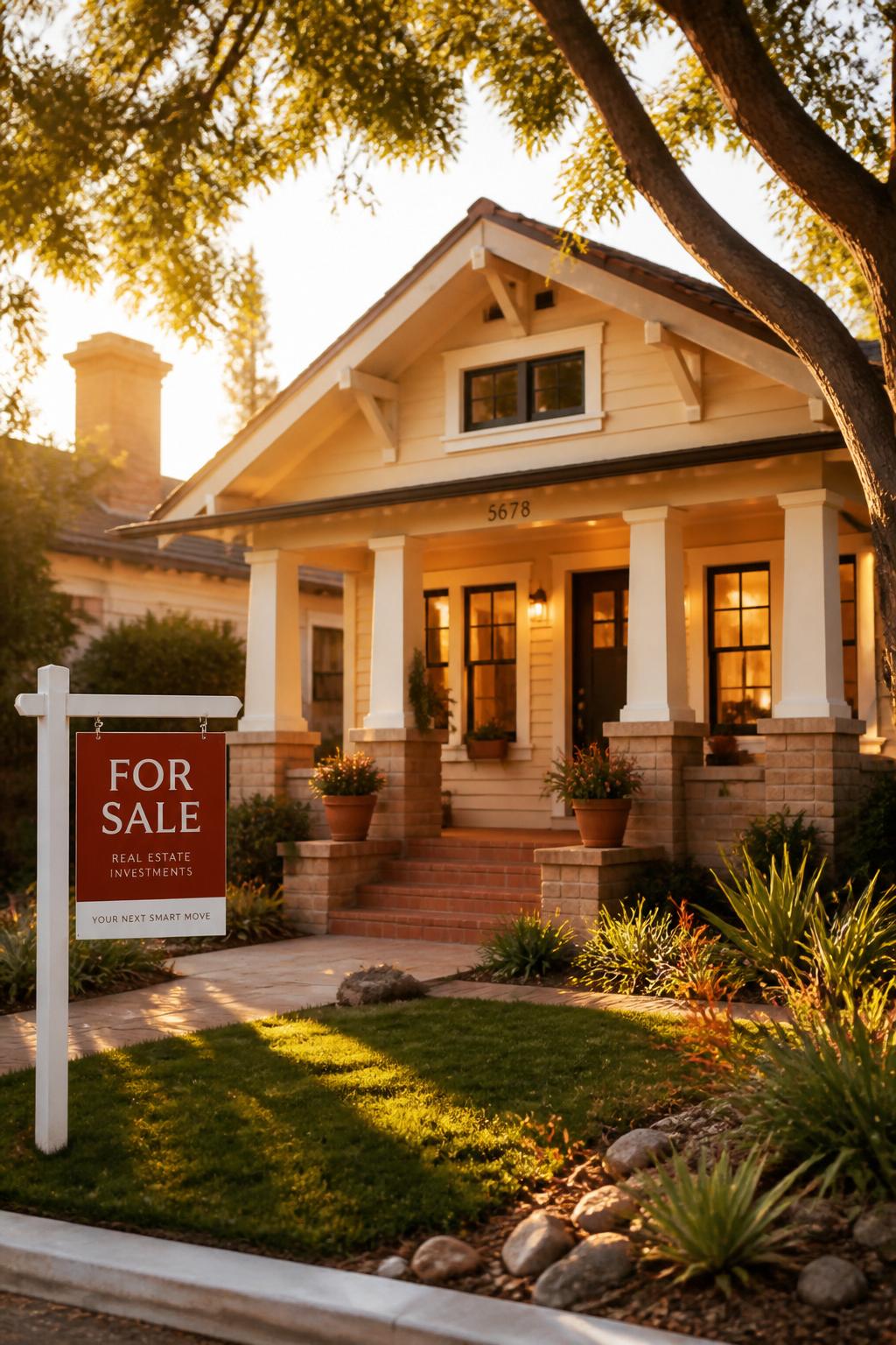 Beautiful craftsman home with a For Sale sign at golden hour